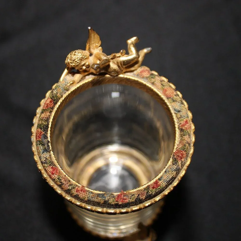 Vintage Golden Cherup Vanity Trinket Dish and Glass